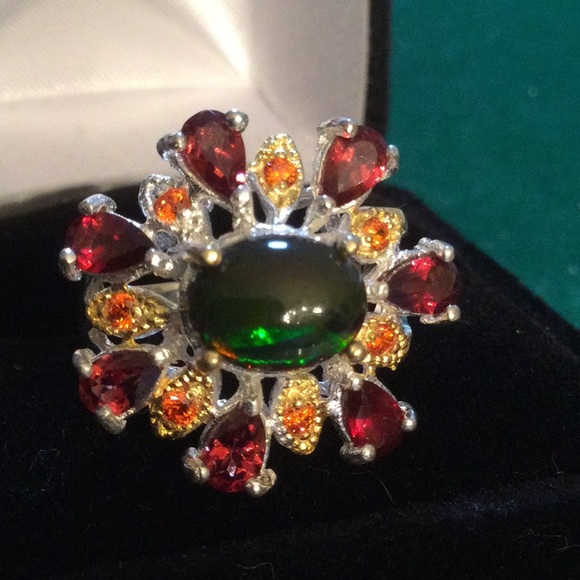 Atlanta Gem & Mineral Show Jewelry - Genuine Black Opal with Garnets Ring